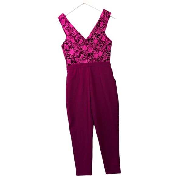 Adelyn Rae fuchsia pink jumpsuit lace velvet floral sleeveless size S - Picture 4 of 9